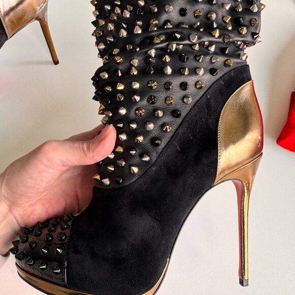 Christian Louboutin Spiked Ankle Boots Black/Gold Size 6.5 Red Sole New w/ Pouch - Picture 5 of 13